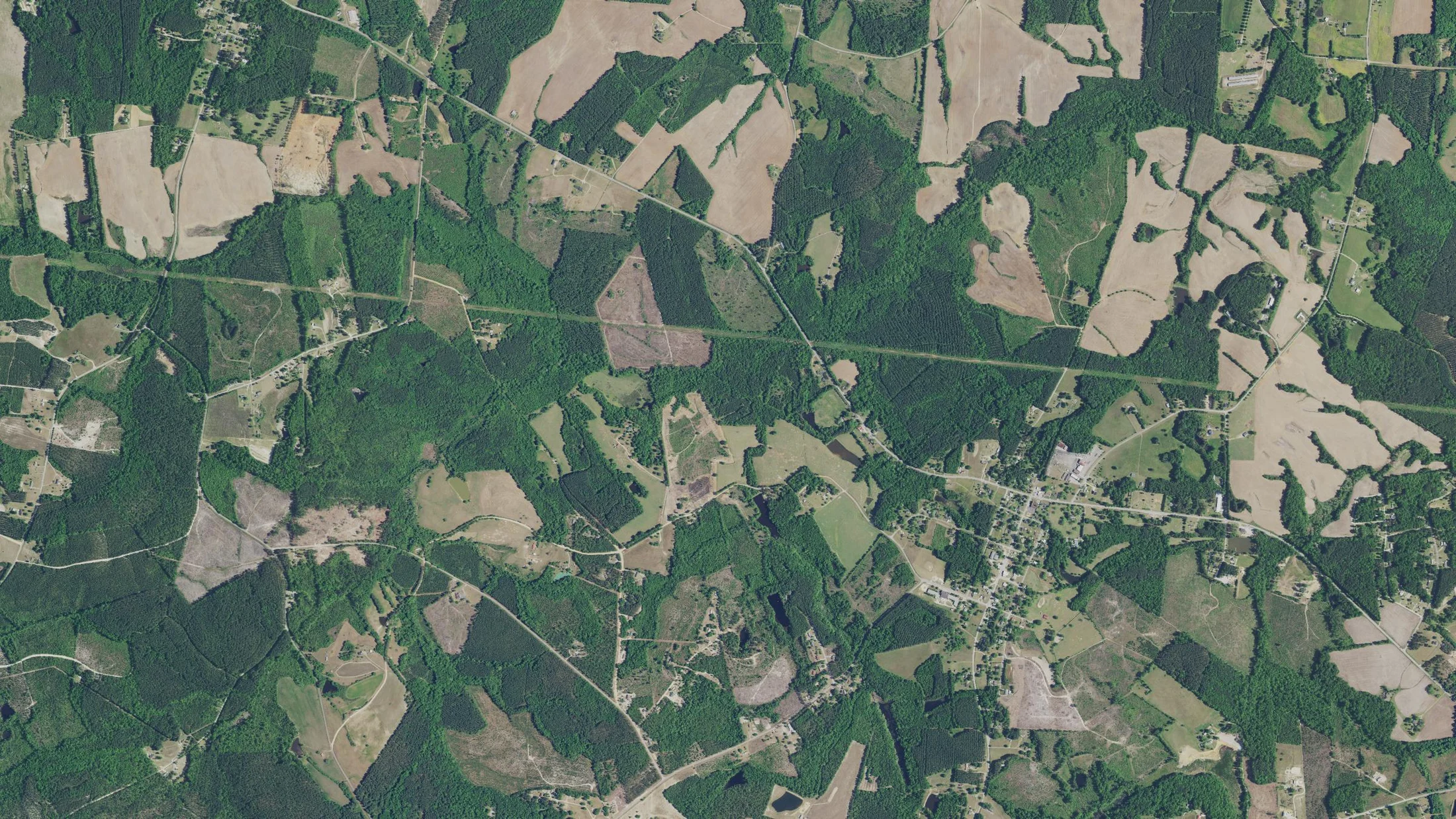 Fields, neighborhoods and roads across rural Chesterfield County, South Carolina.