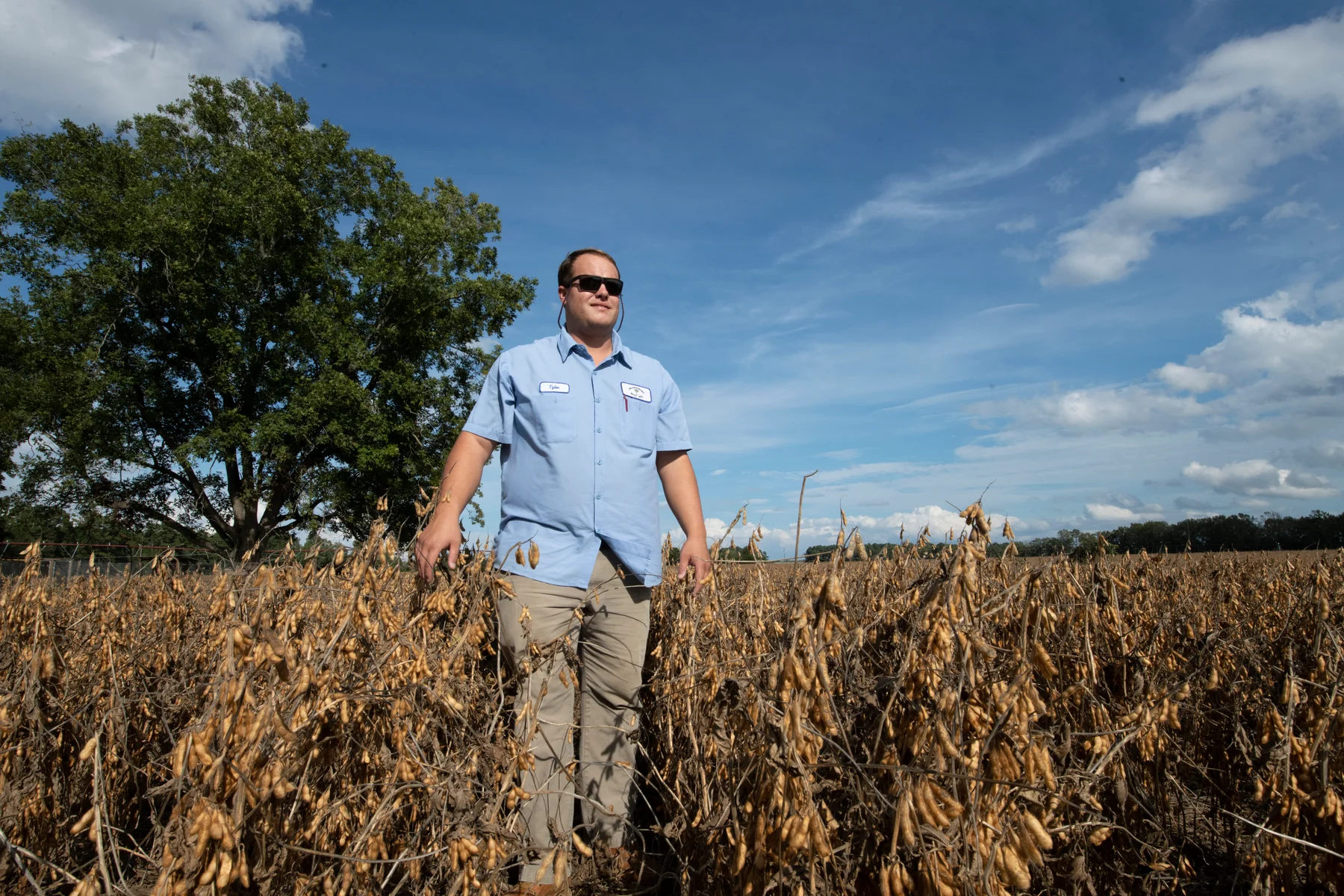 Farmer Tyler Till standing in his soybean field in Orangeburg, South Carolina.
