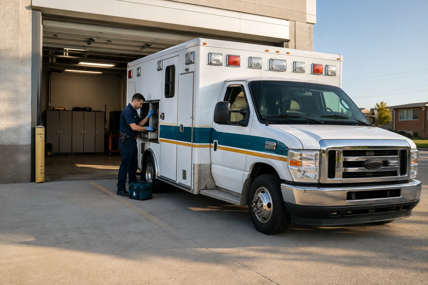 Illustrative scene of a paramedic preparing an ambulance outside its station.