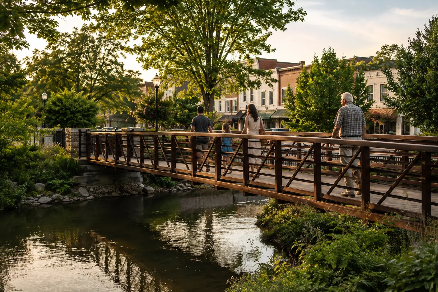 Una familia y una persona mayor cruzan un puente peatonal junto a la calle principal de un pueblo, bajo la luz cálida del atardecer.