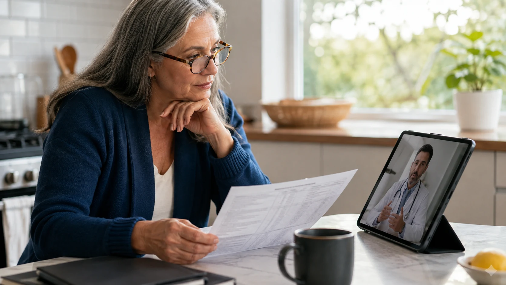 A woman reviews a lab report during a video conversation with a clinician.