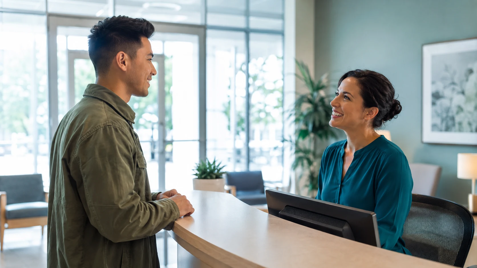 A patient is welcomed at the reception desk of a neighborhood clinic.