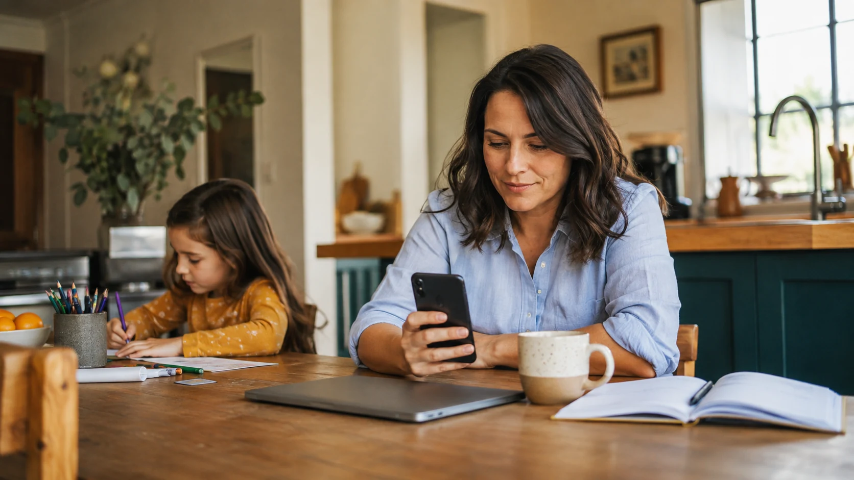 A mother looks at her phone at the kitchen table while her child sits nearby.