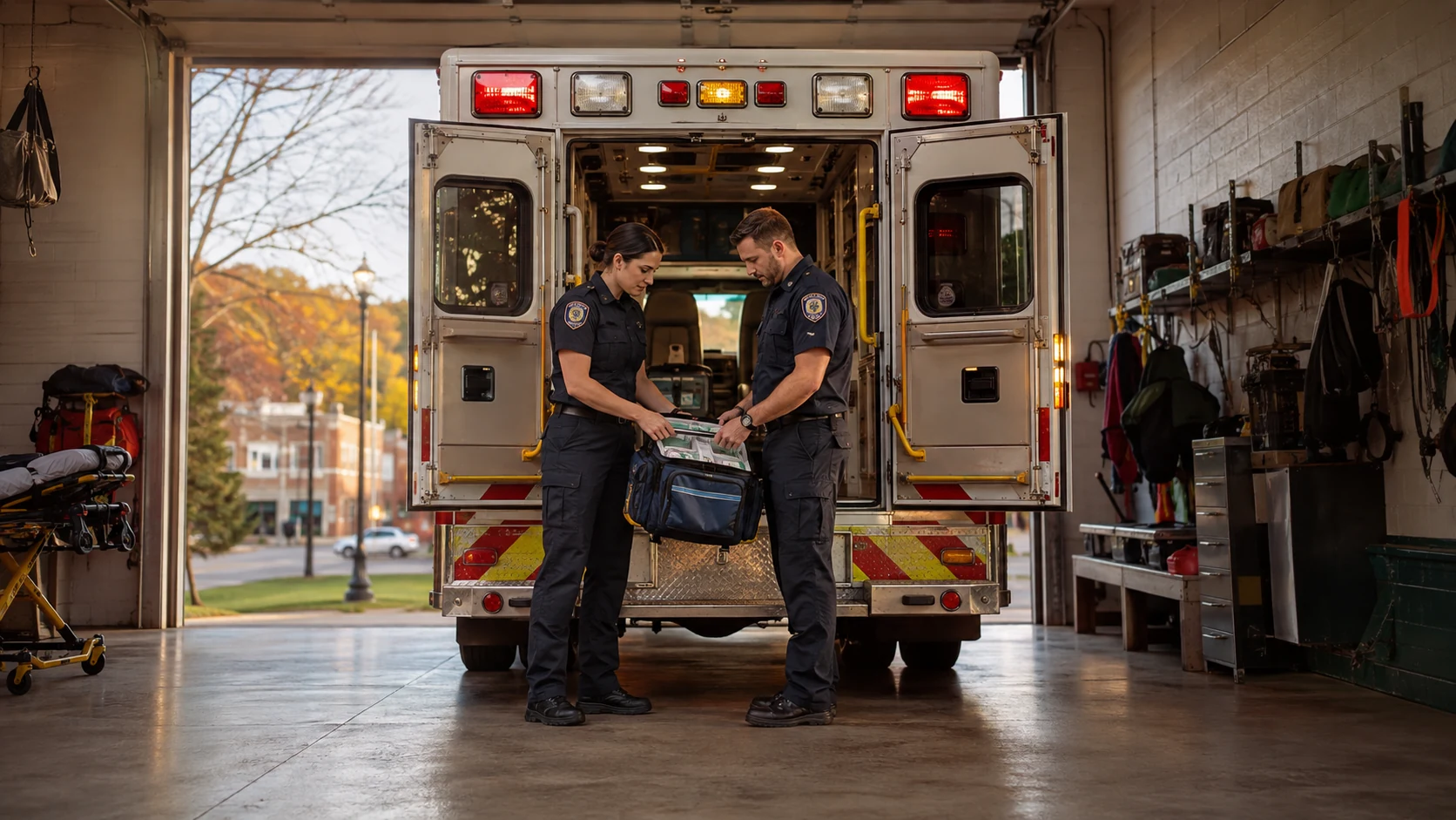 Two paramedics check a supply bag beside an ambulance in a station bay.