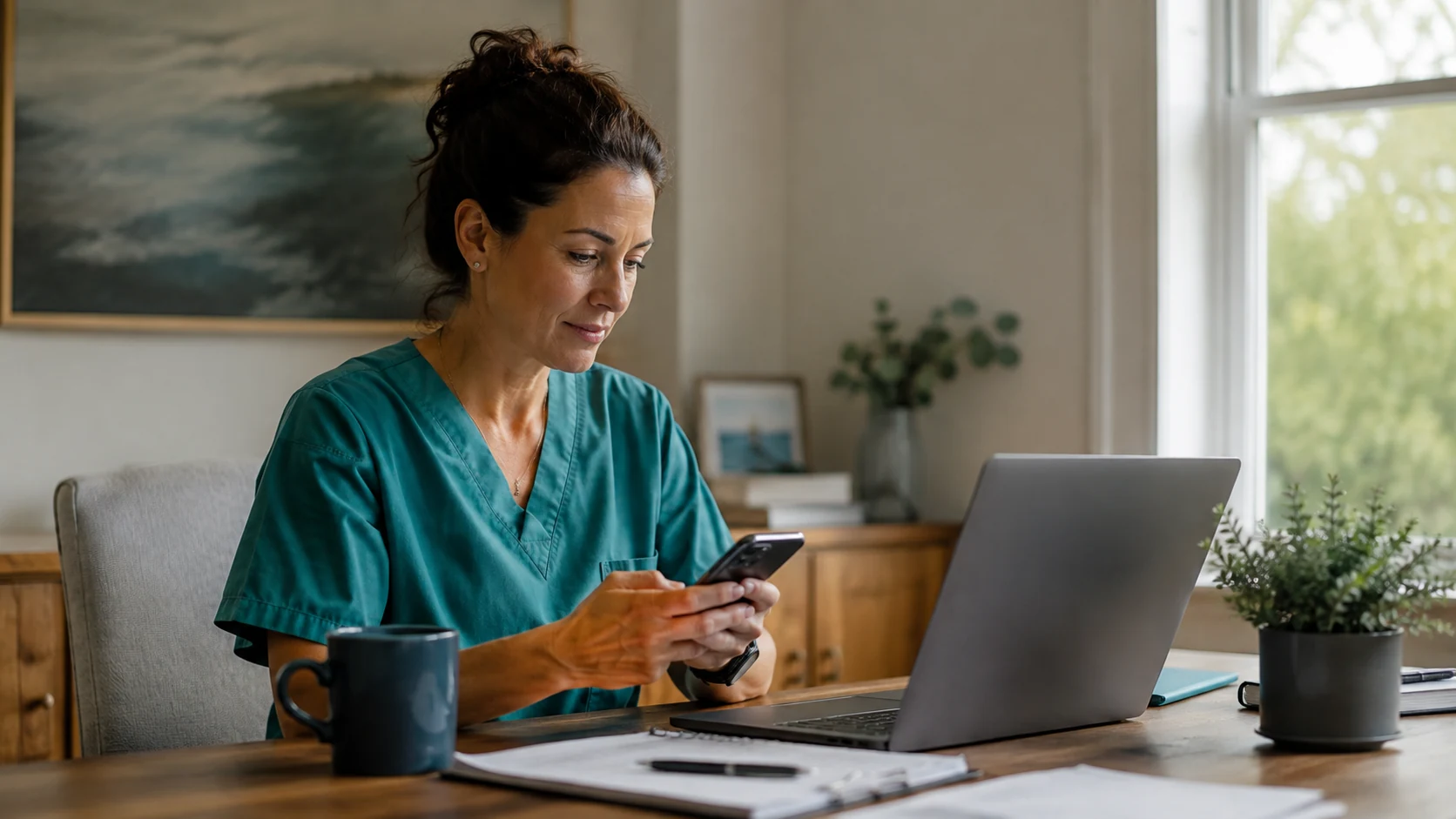 A clinician in teal scrubs responds to a message from her home office.