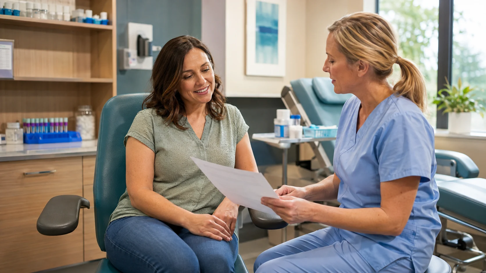 A patient discusses a lab visit with a clinician in a welcoming collection room.