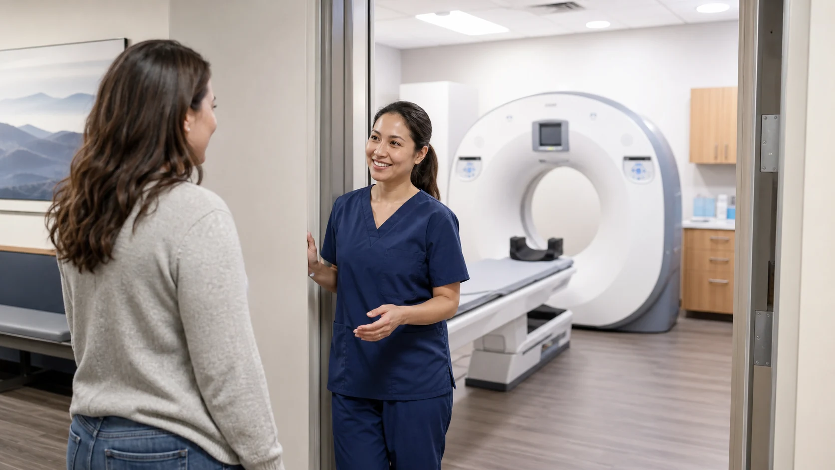 A patient is greeted by an imaging technologist with a CT scanner visible in the background.