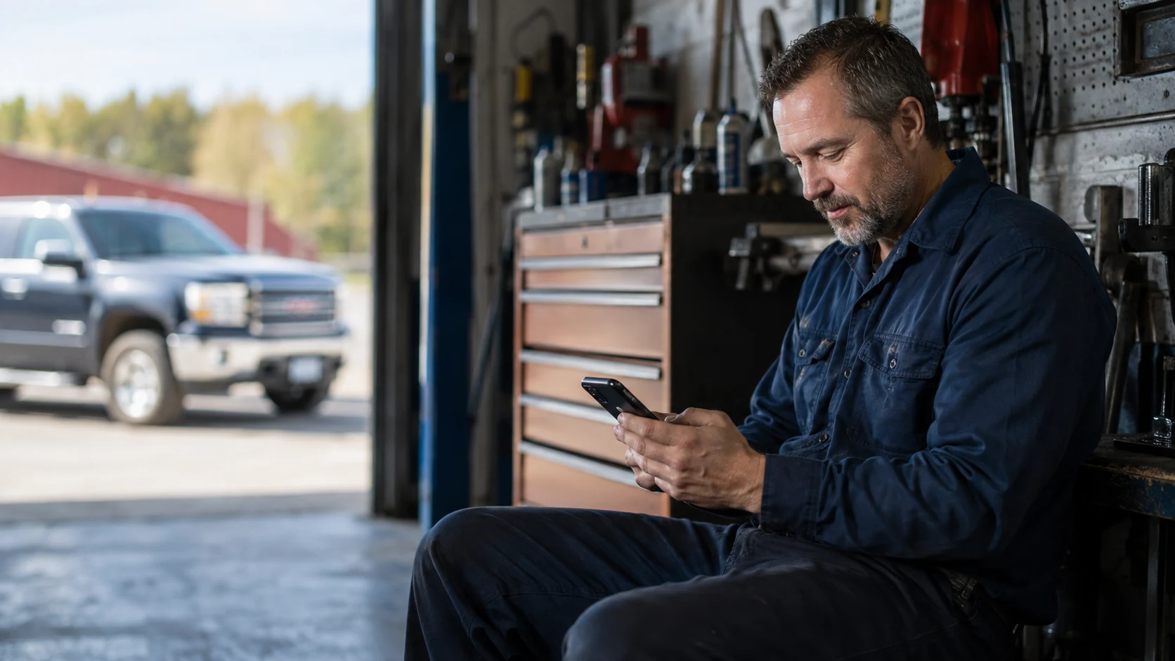 A mechanic reads a message on his phone during a work break.
