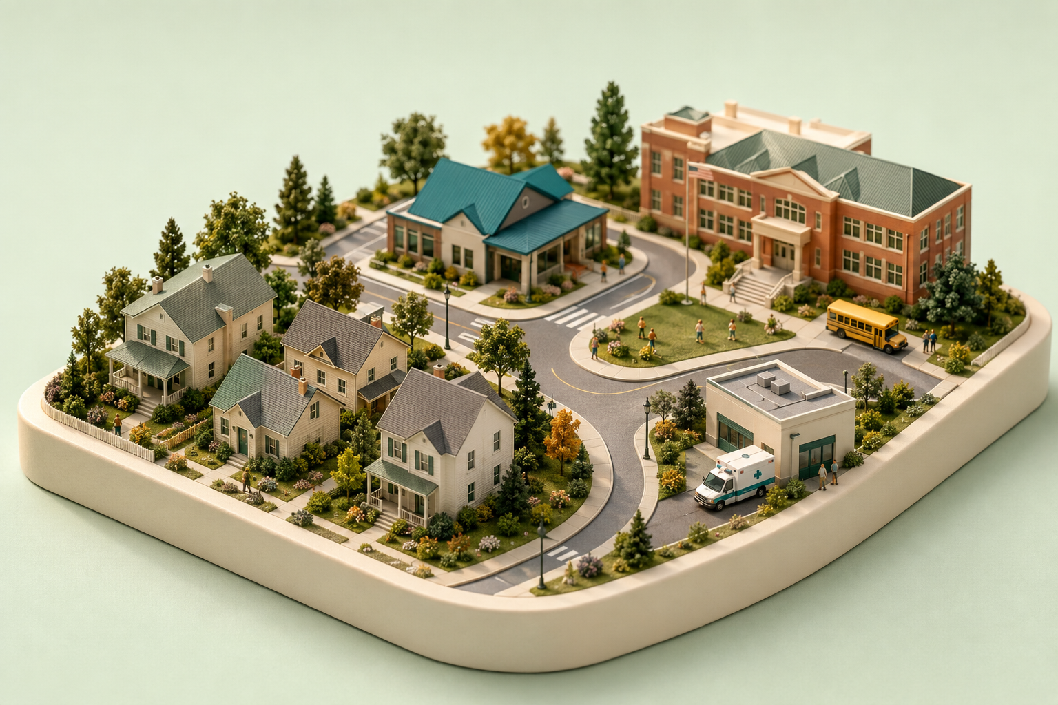 Maqueta ilustrativa de un vecindario que conecta hogares, una clínica local, una escuela y una base de ambulancias