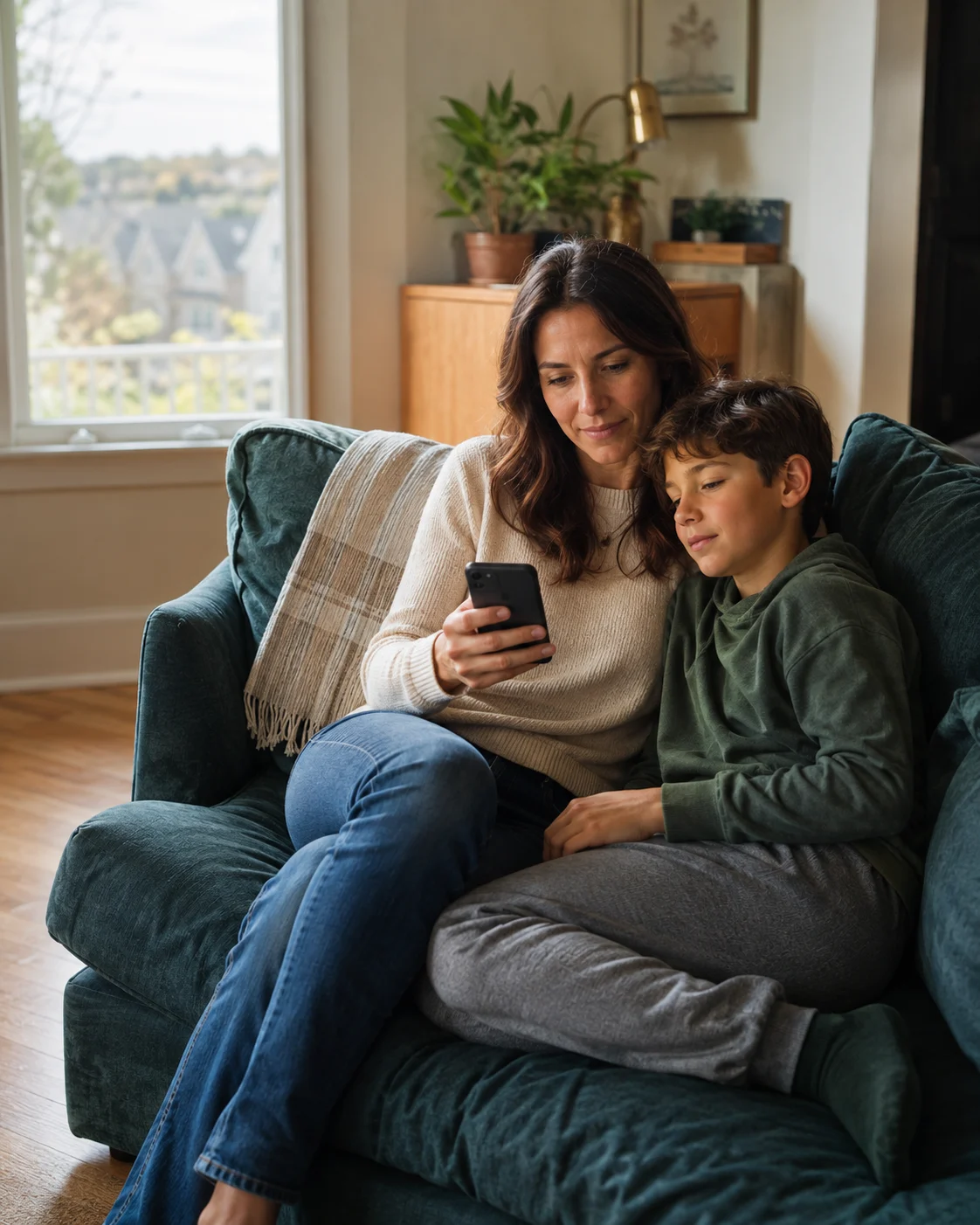 A parent and child look at a phone together at home.
