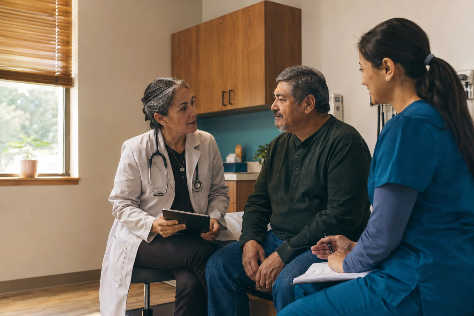 A patient, physician and care coordinator discuss care together in a neighborhood clinic.