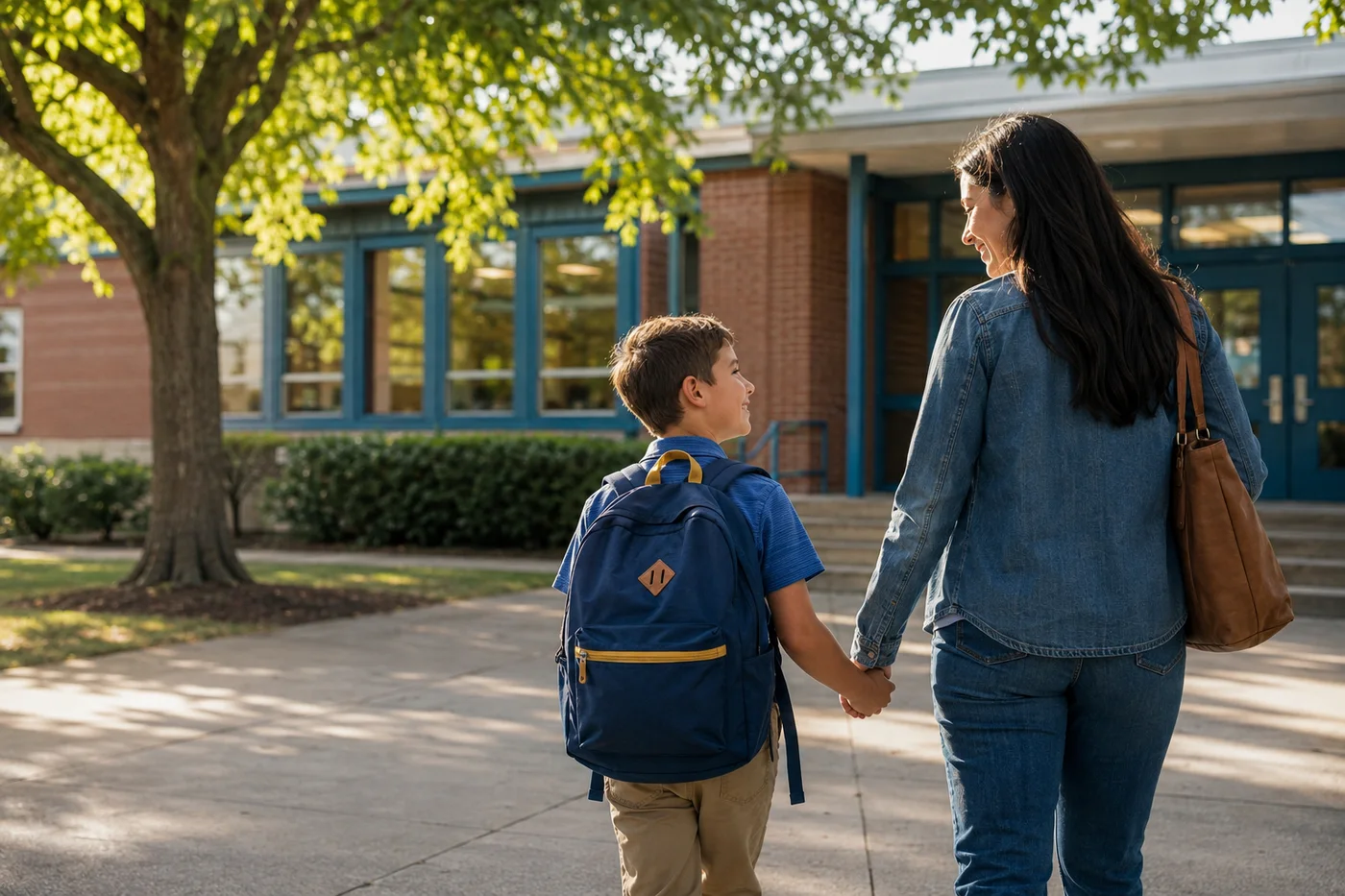 A child wearing a backpack walks hand in hand with a parent toward a neighborhood school in morning light.