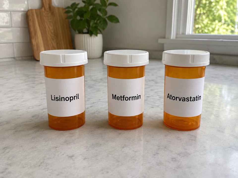 Three prescription bottles shown as a fictional example of information a patient can share.