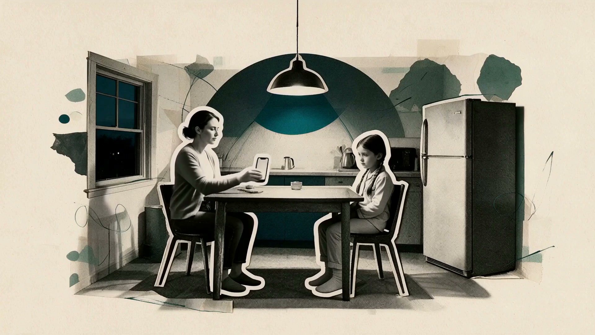 Illustrated mother and child together at a kitchen table, from the Tap HR film